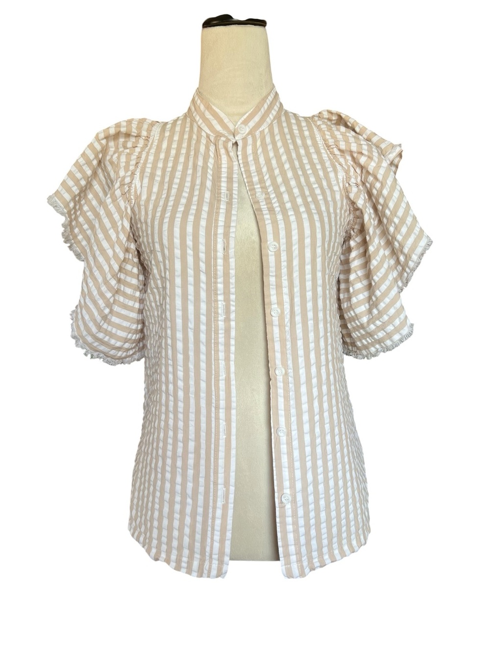 A Shirt Thing Ava Stripe Puff Sleeve Button Down Top Taupe White XS (P)
